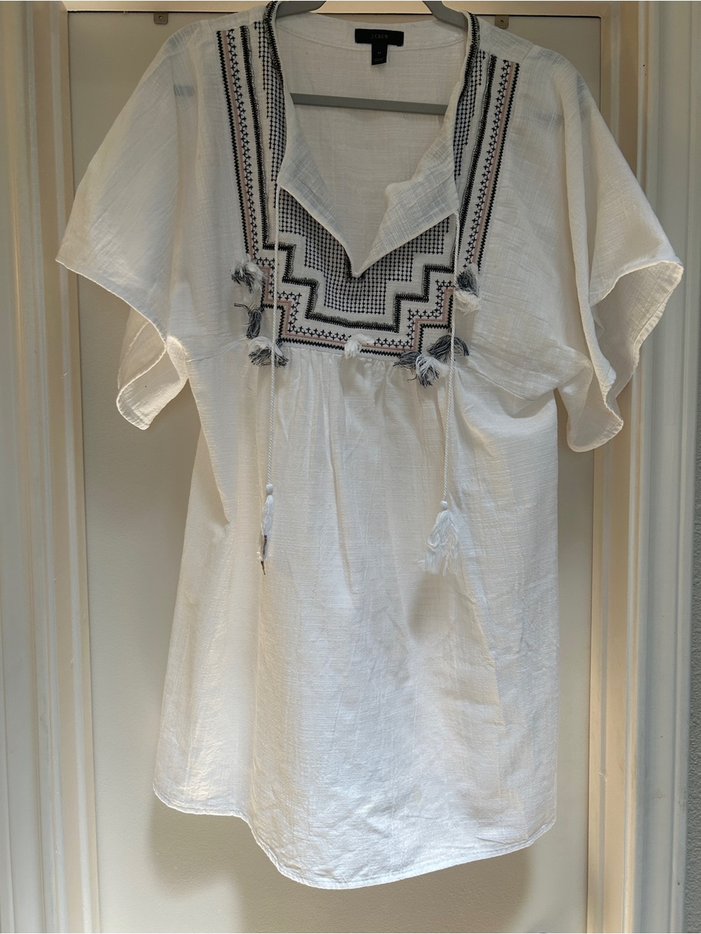 J. Crew White Mini Dress with Black Embroidered Yoke- Cover Up